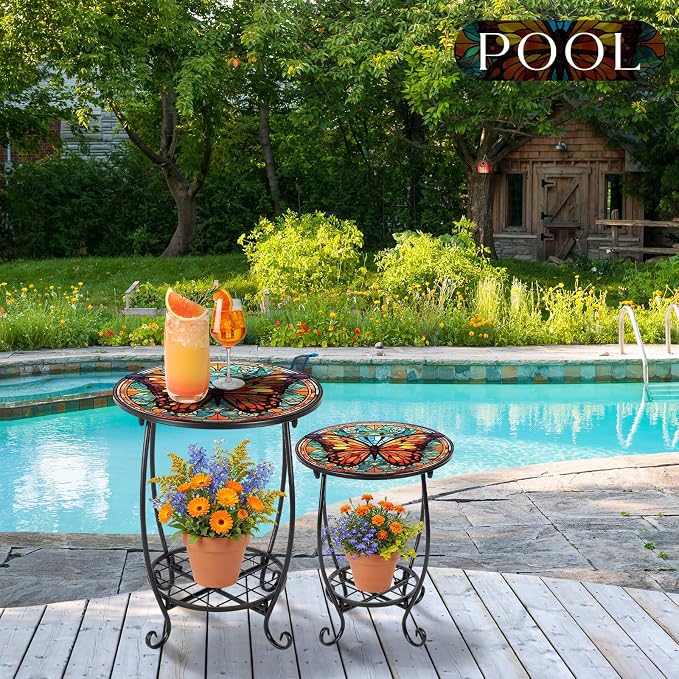 Cinnvoice 2 Pcs Outdoor Side Table Small Patio Round Mosaic Accent End Table Indoor Plant Metal Coffee Tea Tables for Patio Yard Porch Garden Living Room(12" and 16",Butterfly B Style)