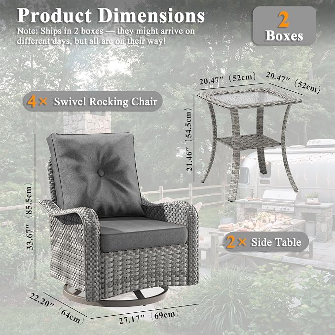 6 Piece Wicker Patio Furniture Set, Swivel Rocking Chairs with 4''Cushions, PE Rattan, Rust Resistant Frame, Double Layer Glass Side Table, for Backyard, Deck or Balcony, Black