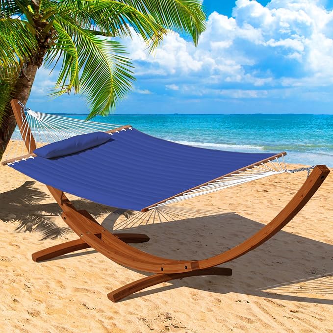 Lazy Daze Hammocks 12 FT Double Quilted Fabric Hammock and 13 FT Brown Wood Arc Stand, with Spreader Bar, Removable Pillow, 2 Person Hammock for Poolside Outdoor Patio, 450 lbs Capacity, Navy Blue