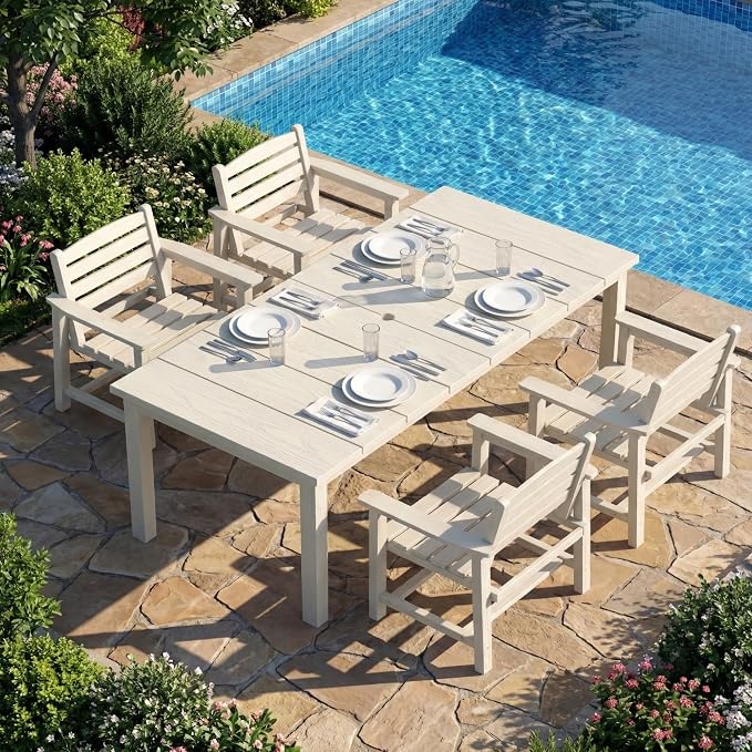 Kingdura 5 Piece Patio Dining Set for 4, 75.2'' HDPE Outdoor Dining Table Set with 2" Umbrella Hole, Weather-Resistant Outdoor Furniture, Table and Chairs Set for Backyard Pool Garden, White