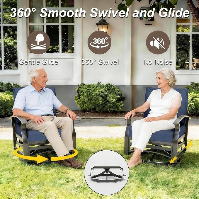 Gotland 6 Piece Patio Set, Aluminum Outdoor Swivel Chairs Set with Round Table 5.1’’ High-Resilience Seat Cushions 29.5" Deep Seating, Metal Patio Furniture Set Patio Conversation Sets, Navy