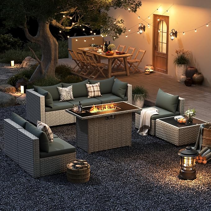 UDPATIO Patio Furniture Set with Fire Pit Table, 8 Pcs Outdoor Sectional Sofa, PE Wicker Patio Conversation Set for Garden, Backyard (Green Cushions with Light Grey Rattan)