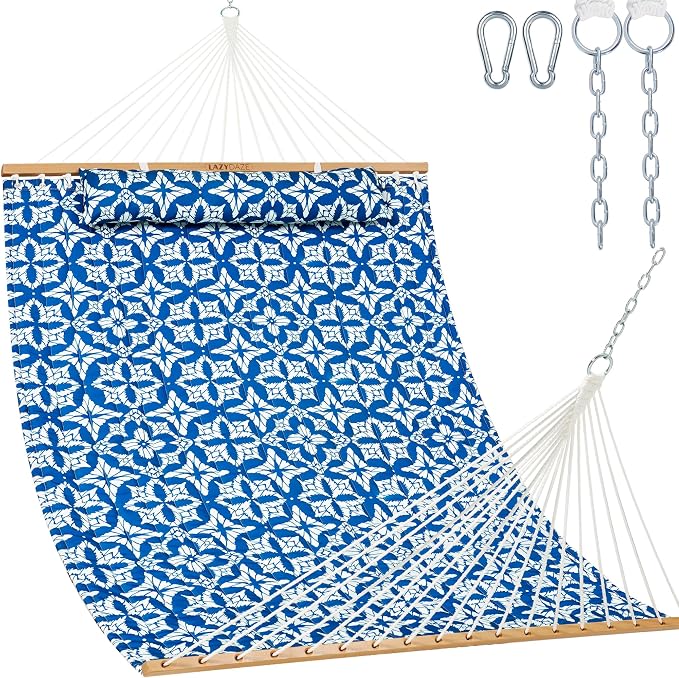 Lazy Daze Hammocks 12FT Quilted Fabric Hammock with Soft Pillow, Double 2 Person Tree Hammock with Spreader Bar for Outside Patio Poolside Backyard Beach, 450lbs Capacity