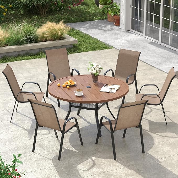 VICLLAX Round Patio Dining Set for 6, Metal Slatted Patio Table with Umbrella Hole and Stackable Patio Chairs for Deck Lawn Garden, Brown Fabric and Walnut Tabletop