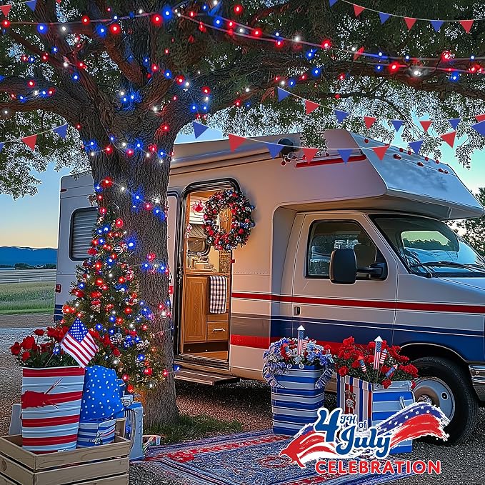 JMEXSUSS 4th of July Decorations, 33ft 100 LED Red White and Blue Lights | String Light Indoor Plug-in, 8 Modes Patriotic 4th of July Lights for Indoor Outdoor Independence Day American Flag Holiday