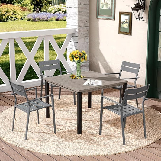 DIFY 5 Pieces Outdoor Patio Dining Set for 4, 40.2" Grey Wood-Like Square Metal Dining Table and 4 Grey Metal Stackable Dining Chairs, Outdoor Table and Chairs for Lawn Garden Poolside