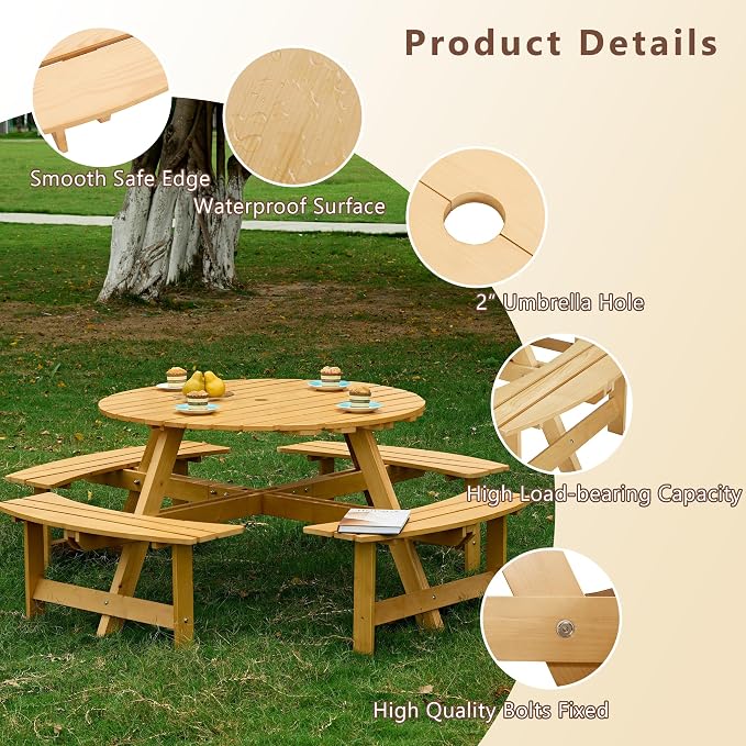 8 Person Outdoor Dining Table, Round Picnic Table with 4 Built-in Benches and Umbrella Hole, Outside Garden Backyard Table and Bench Set, 500lbs Capacity Per Bench (Natural)