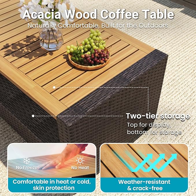 FansaFurn 4 Piece Outside Furniture, Wicker Patio Furniture Set, All Weather Outdoor Patio Sofa with Cushion and Acacia Wood Table, Outdoor Sofa for Backyard, Porch, Lawn, Patio, Deck, Garden, Beige