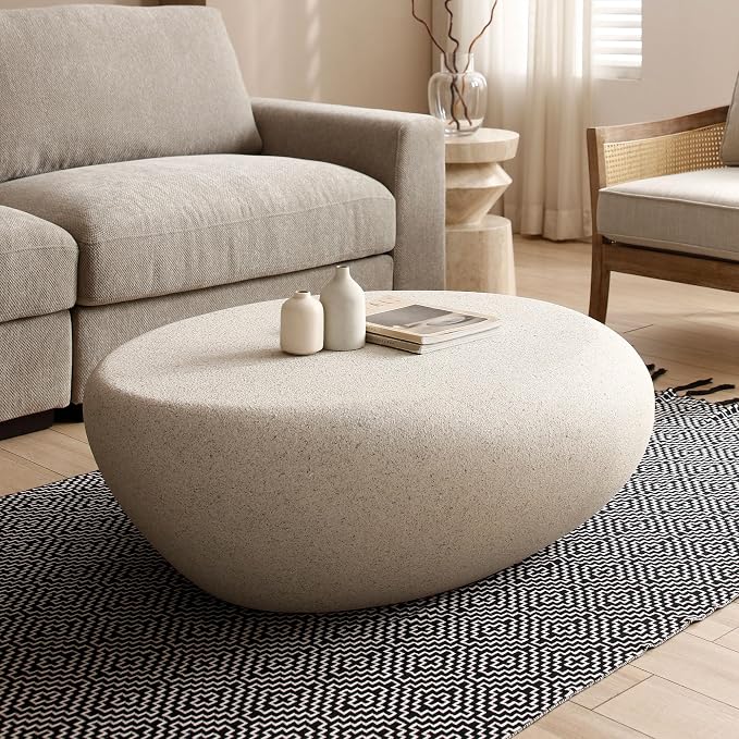 43.3" Faux Stone Coffee Table Modern Unique Coffee Table Oval Center Tables Round Edge Design Fiberglass Oval Accent Tables for Living Room Office Apartment No Assembly, Cream White
