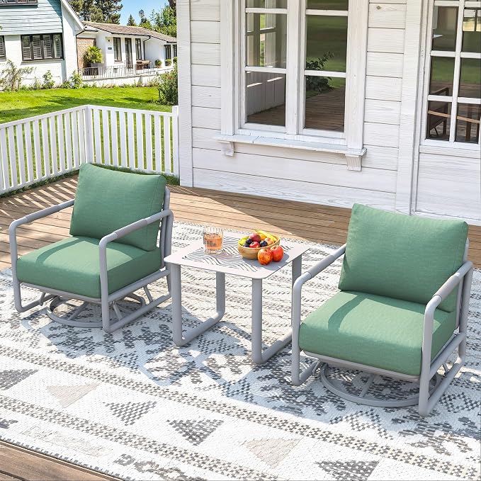 3-Piece Outdoor Swivel Rocker Set, Aluminum Frame 360° Swivel Rocking Chairs with 6.5" Thick Cushions, 24" Wide Seat 380LBS Capacity, Side Table for Porch, Deck, Backyard