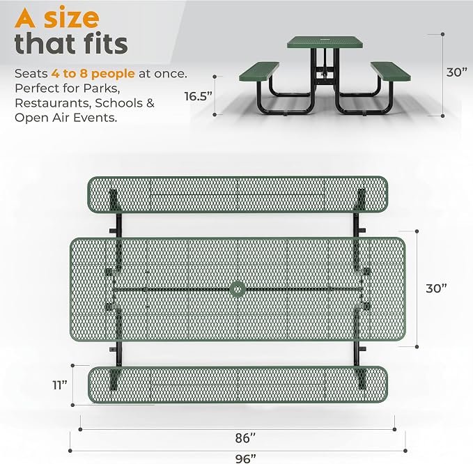 Commercial Heavy-Duty Metal Picnic Table - ADA Compliant, Adjustable Seats, Umbrella Hole, Expanded Metal (Green, 8' Rectangular)