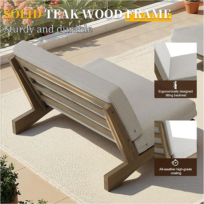 4 Piece Wood Outdoor Patio Frutnire Set, 4 Seater Patio Conversation Sets with Thick Cushions, Outdoor Sectional Furniture with Coffee Table - Light Camel