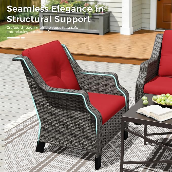 Outdoor Patio Furniture Set, 5 Piece Wicker Patio Furniture with Thick Cushions, Curved Armrest, Deep Seating, Rattan Outdoor Chairs for Porch, Deck, Balcony