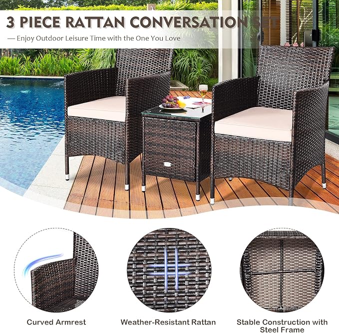 Tangkula Patio Furniture Set 3 Piece, Outdoor Wicker Rattan Conversation Set with Coffee Table, Chairs & Thick Cushions, Suitable for Patio Garden Lawn Backyard Pool (Off-White)