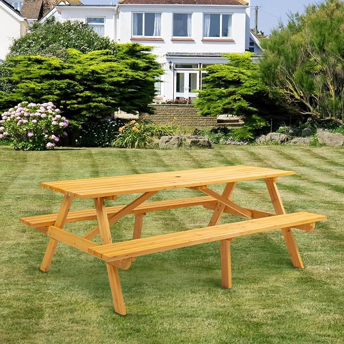 75 in. Solid Wood Picnic Table Set, 2200 lbs Capacity Natural Outdoor Patio Dining with 1.97 in. Umbrella Hole, Heavy-Duty for Backyard, Lawn, BBQ, Large Family Gathering
