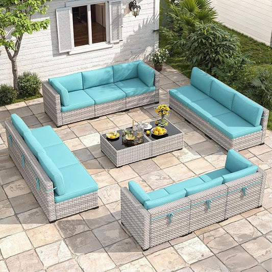 12-Seat Modular Patio Furniture Set – Outdoor Wicker Sectional Sofa with Thick 4″ Cushions, Dual-Strand PE Rattan, Rust-Resistant 18 mm Steel Frame, Backyard Garden Deck Lounge,Blue