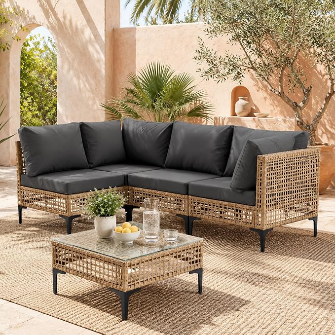 5-Piece Outdoor Wicker Patio Sectional Furniture Set, Grey | 4-Seat, PE rattan, All weather performance, Patio onversation set, for Backyard Porch Poolside Deck