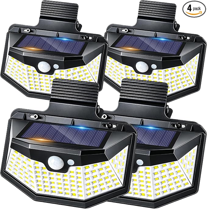Clip on Solar Lights Outdoor with Motion Sensor, 800LM & 270° Wide Angle Solar Fence Lights Outdoor Waterproof with 115 LEDs, 3 Modes & Portable Security Lights for Chain Link Patio Deck Yard (4Pack)