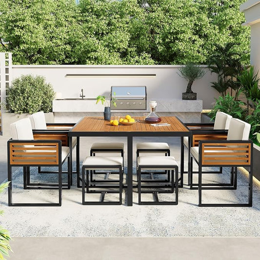 9-Piece Outdoor Patio Acacia Wood Dining Table Set, Square Table with 4 Cushioned Chairs& 4 Stools, All-Weather Resistant Conversation Set with Metal Frame, Space-Saving Design for 8 (Beige-1.8)