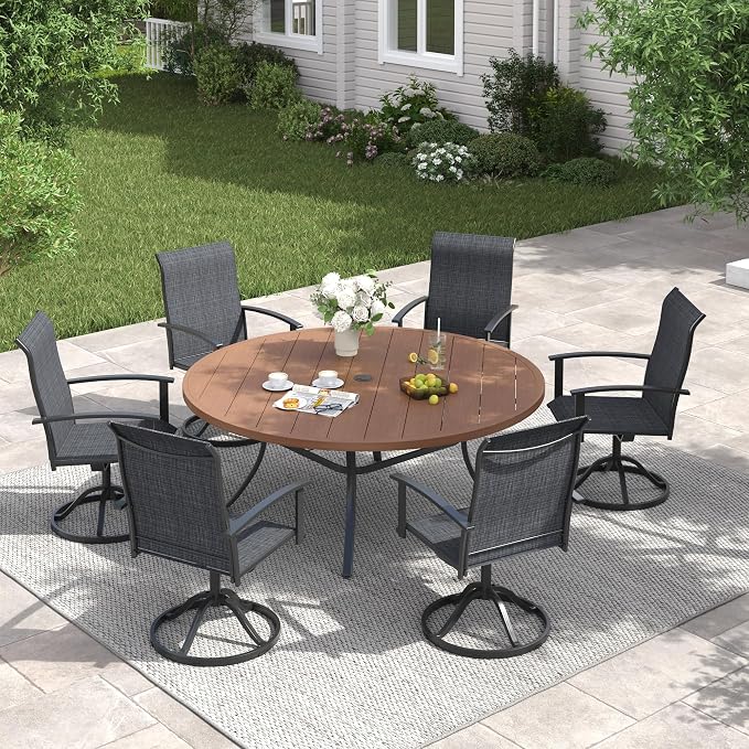 VICLLAX 63" Outdoor Round Patio Table with Umbrella Hole, All Weather Metal Round Outdoor Dining Table for Lawn Garden, 8-10 Person Table, Walnut Wood-Grain Tabletop