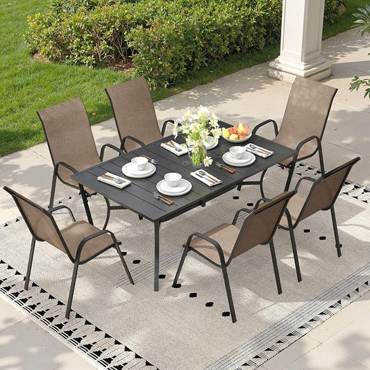 7 Pieces Outdoor Dining Set, 59.2" Rectangular Table with Umbrella Hole & Stackable Patio Dining Chairs, Patio Table and Chairs Set for Deck Garden Porch, Brown Chairs & Black Table