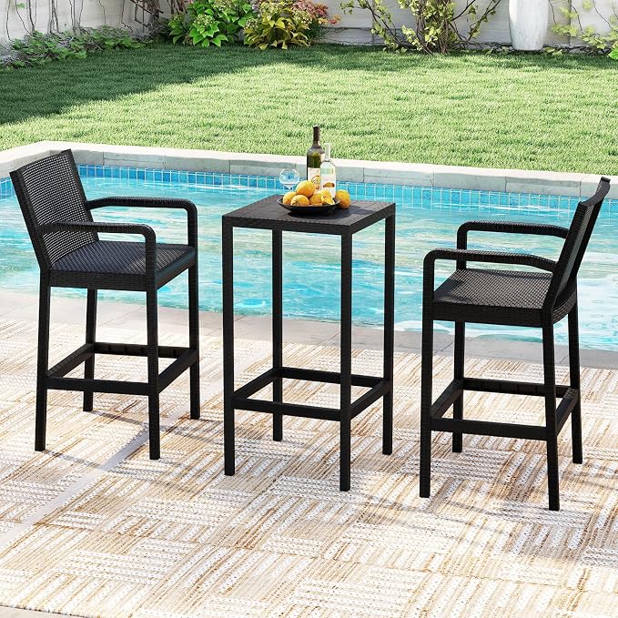 COSTWAY 3 Pieces Patio Bar Set, Modern Outdoor Bistro Set with 2 Chairs and 1 Square Bar Table, Curved Backrest and Armrests, Metal Frame, for Garden, Balcony, Poolside, Black