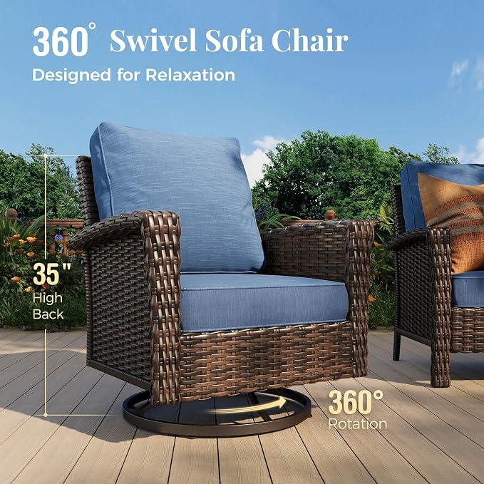 MIXPATIO 8-Piece Wicker Patio Furniture Set with Swivel Chairs, High Back Outdoor Furniture with 57'' Fire Pit Table, All-Weather Wicker Patio Conversation Set for Deck Yard Pool, Navy Blue