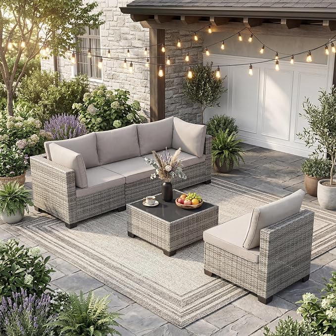 ANJ 5 Piece Outdoor Wicker Patio Furniture Set, Modular Loveseat Sofa with with Glass Top Coffee Table, All-Weather Rattan Conversation Couch Set for Balcony, Backyard, Light Grey Wicker-Grey