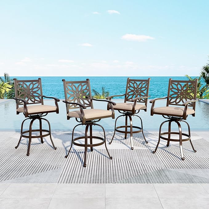 MFSTUDIO Outdoor Barstools Set of 4, Cast Aluminum Swivel Outdoor Bar Chairs, Bar Height Patio Chairs with Extra Wide Seat and Cushion, Brown, 350lbs