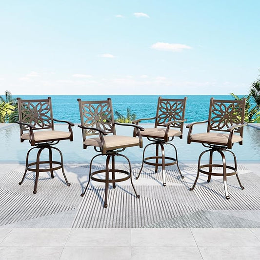 MFSTUDIO Outdoor Barstools Set of 4, Cast Aluminum Swivel Outdoor Bar Chairs, Bar Height Patio Chairs with Extra Wide Seat and Cushion, Brown, 350lbs
