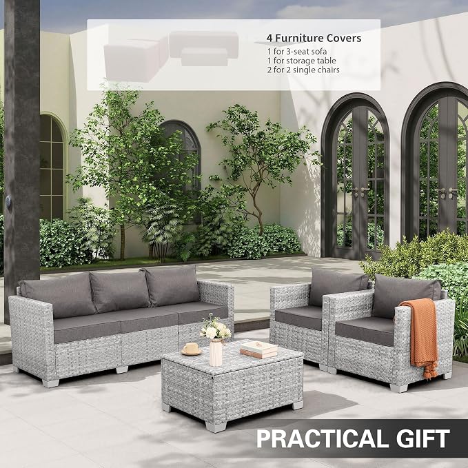 WAROOM Patio Furniture Set 4 Piece Outdoor Wicker Conversation Sets PE Rattan Couch Sectional Sofa with Storage Table, Grey Cushion