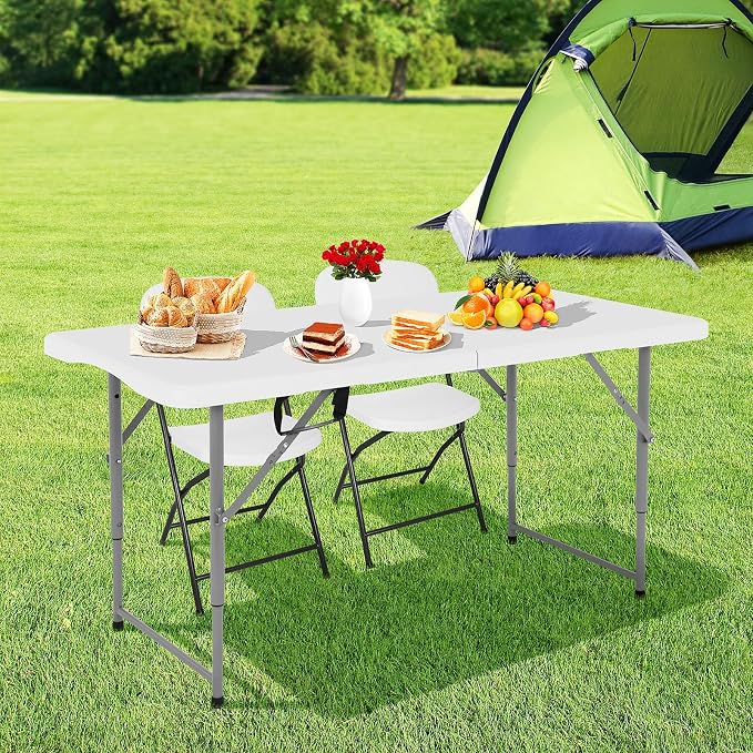 4ft Folding Table and Chairs, Outdoor Folding Chairs Set of 4, Foldable Table with Handle, Tables and Chairs for Parties, Picnic, Event, Indoor Outdoor Activities, at Home and Commercial Use, White