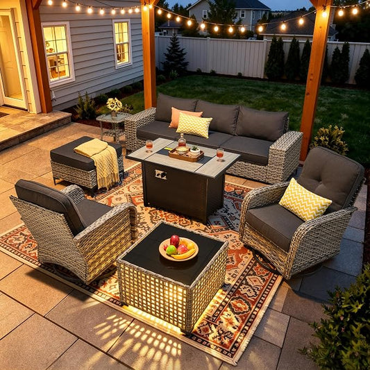 9-Piece Wicker Outdoor Sectional Furniture with Fire Pit, Wide Armrest Patio Couch Set Swivel Rocking Chair Ottoman Solar Table, Modular Conversation Sets for Backyard Deck Garden, Black