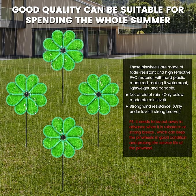 4PCS 11.4" W x 28" H Reflective Pinwheels Sparkly Lawn Wind Spinners Colorful Rainbow Windmill for Garden Decoration Bird Devices Deterrent to Scare Birds Away（Green）