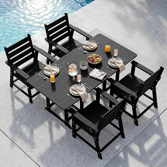 5-Piece Dining Set, HDPE Table & 4 Chairs, Black | HDPE Dining Set: 69.1" Table + 4 Chairs,380 lbs,304 Stainless,All-Weather,No Rust No Crack,Outdoor Patio Garden