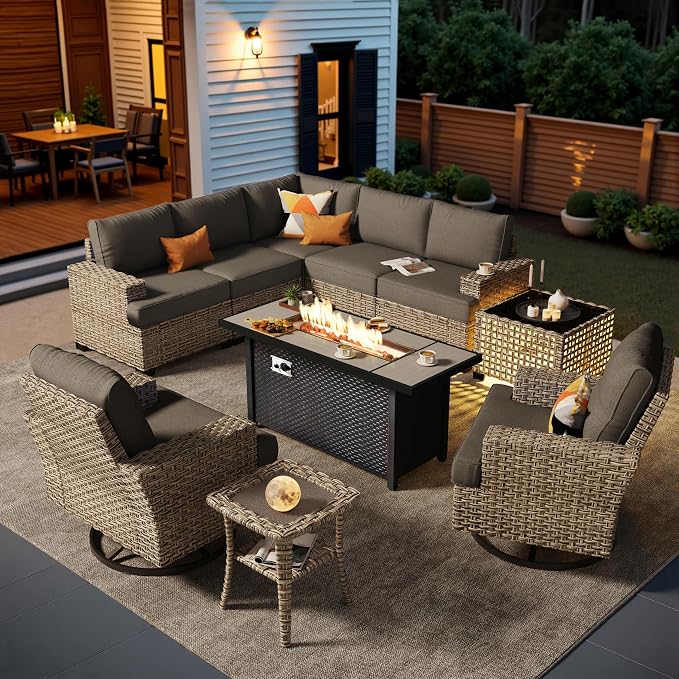 HOOOWOOO Sectional Patio Furniture Set with Fire Pit Table,10 Pieces Wicker Outdoor Furniture L Shaped Couch,Outside Conversation Set Extra Deep Seat Sofa Wide Arm Swivel Chairs Solar Table,Black
