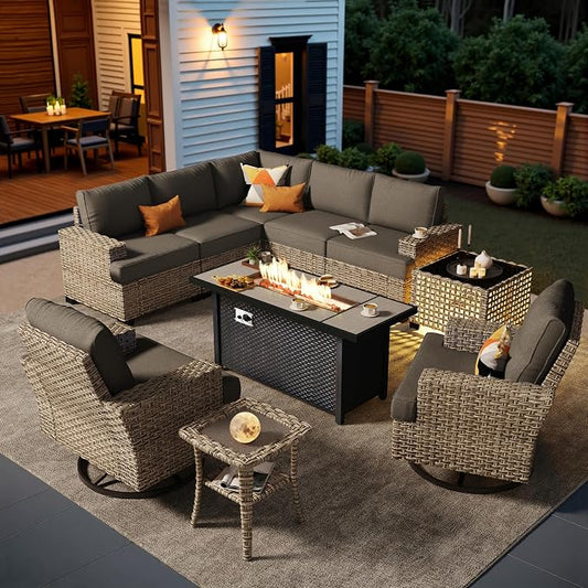HOOOWOOO Sectional Patio Furniture Set with Fire Pit Table,10 Pieces Wicker Outdoor Furniture L Shaped Couch,Outside Conversation Set Extra Deep Seat Sofa Wide Arm Swivel Chairs Solar Table,Black