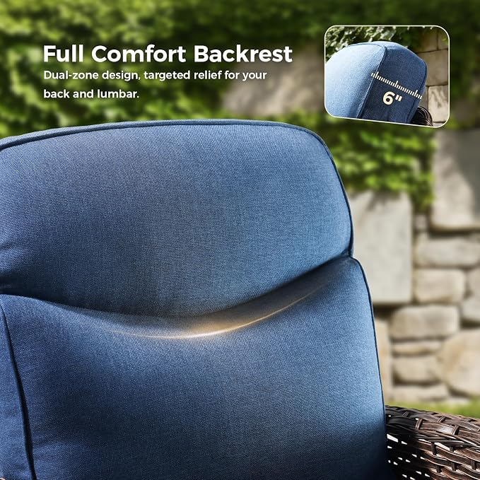 Luxury Patio Furniture Set with 6-inch Thick Cushions, Outdoor Furniture Set with High Back Swivel Chairs, 5 PCS Wicker Outdoor Conversation Set for Porch, Patio, Yard, Deck, Poolside, Brown/Blue