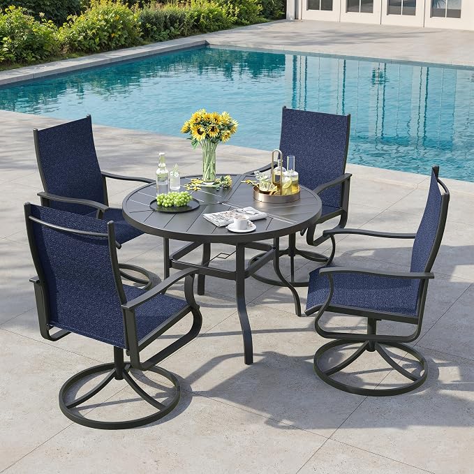 5 Pieces Patio Dining Set, Patio Outdoor Furniture Set of 4 Patio Swivel Dining Chairs and 39" Patio Spliced Round Tabletop with Umbrella Hole, for Deck, Backyard, Poolside & Garden