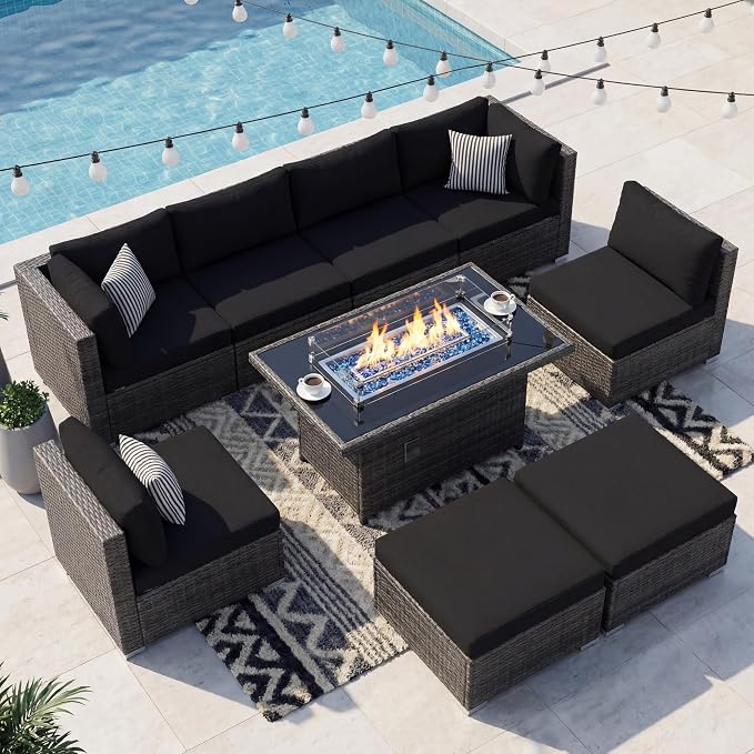NICESOUL Large Size 9 Piece Patio Conversation Set with Fire Pit Table Propane/Gas, 29.3'' High Back Outdoor Furniture Sectional Set, Heavyweight Rattan Contemporary Sofa, 2 Color Cushion Black &Gray