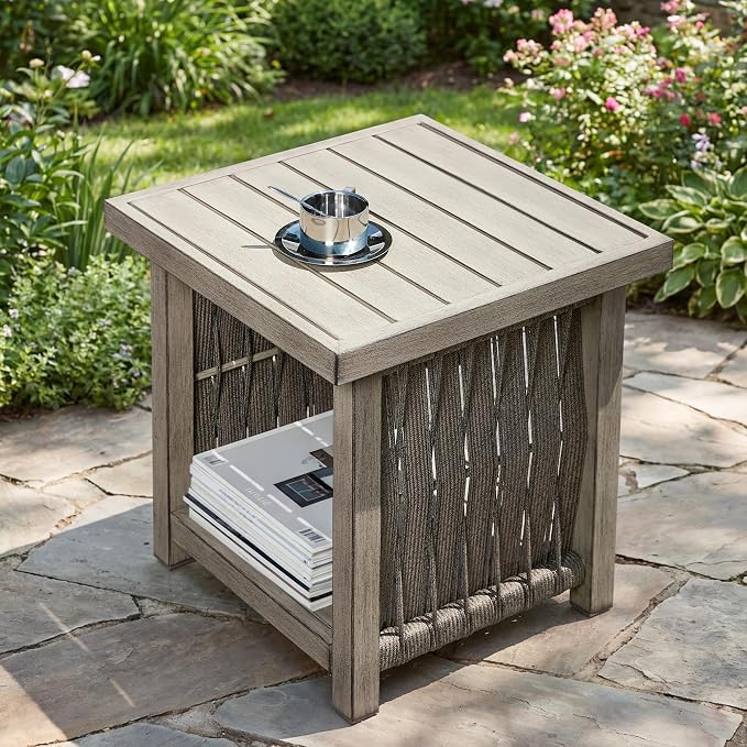 Outdoor Patio Square Side Table, 2-Tier Patio Side Table with Rope Weave, Aluminum Frame Weather Resistant, Patio End Table Furniture Set for Garden Porch Yard Deck, Gray Oak