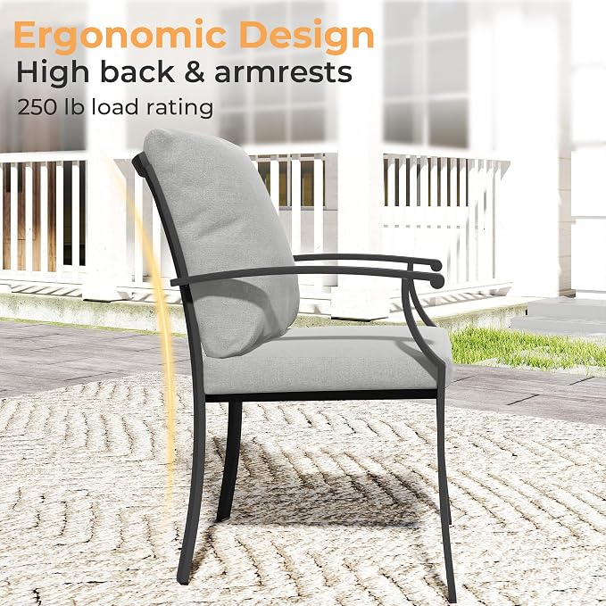 HAPPATIO 7-Piece Patio Dining Set, Outdoor Dining Set with Powder-Coated Metal,Dining Table with Umbrella Hole, 4 Stackable Chairs 2 Swivel Chairs with Removable Cushions for Porch Pool Garden,Grey