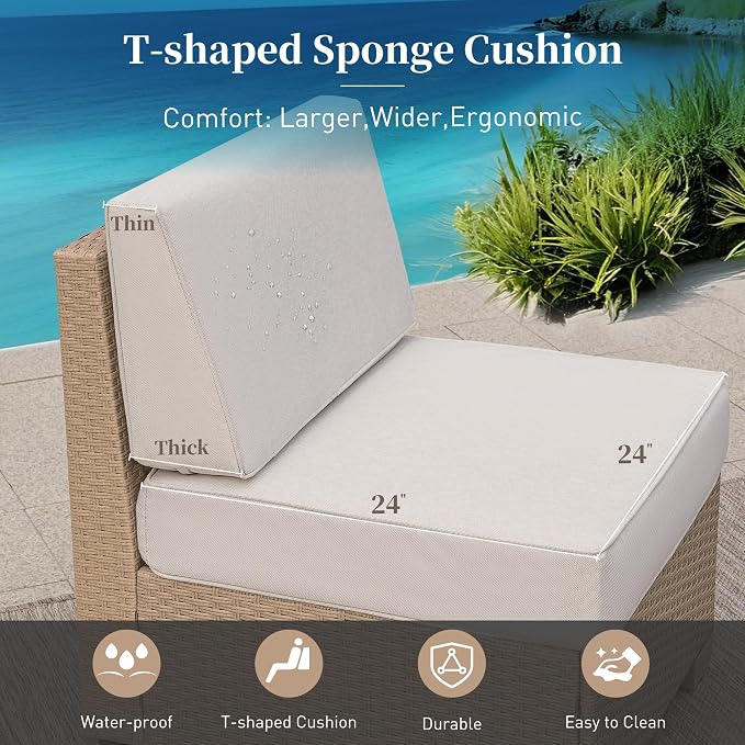 SUNSHINE VALLEY Patio Furniture Set, Wicker Outdoor Furniture Sectional Sofa with Fire Pit Table, 5 Seats Modular Conversation Set with 5.5" Thick Waterproof Cushion for Garden Deck Backyard, Beige