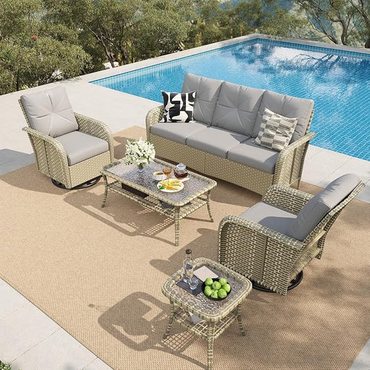 LazySunsets 7 Piece Outdoor Patio Furniture Set with Coffee Table, Wicker Rattan Outdoor Furniture with High Back Swivel Rocker Chairs, Outdoor Conversation Sets with Thick Cushions, Grey