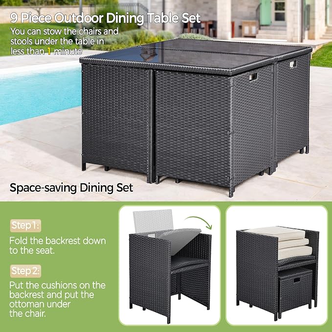Topeakmart 8 Seater Rattan Garden Furniture Sets Dining Glass Table and Chairs with Cushions, Outdoor Wicker Patio Sectional Conversation Set, Black