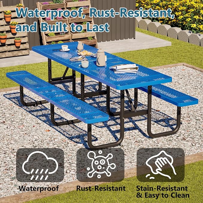 96" Heavy Duty Metal Picnic Table for 10 People, Outdoor Dining with Umbrella Hole, Galvanized Steel Rustproof Frame 882LBS Capacity, Mesh Top for Garden Patio Camping, Blue