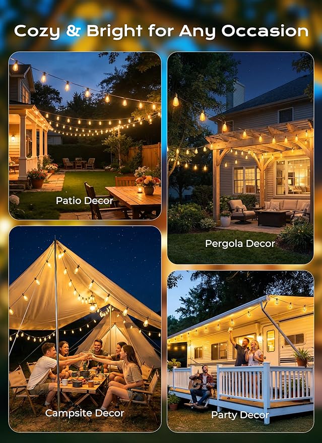 Brightown 108FT Solar String Lights Outdoor Waterproof, 26Hrs Runtime | 50+2 LED Bulbs, USB & Solar Powered, Remote Control & Dimmable Timer, Ideal for Backyard, Garden, Camping & Party Decor