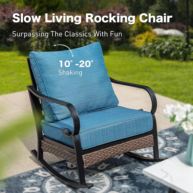 SUNSHINE VALLEY 4 Piece Metal Outdoor Patio Furniture Sets, Patio Conversation Sets 1 Loveseat, 2 Rocking Sofa with 5.75" Extra Thick Cushion and Coffee Table, Balck Frame Backyard Furniture, Blue-2