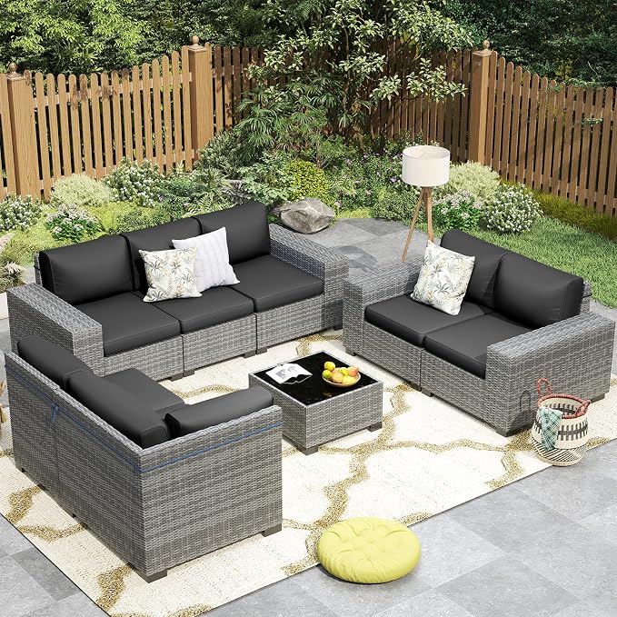 Outdoor Patio Furniture Set, 8‘’ Wide armrest Outdoor Sectional Rattan Sofa Set, Wicker Patio Furniture Sets w/Coffee Table,Thick Cushions for and Cover for Porch, Deck,8 PCS(Grey&Black)