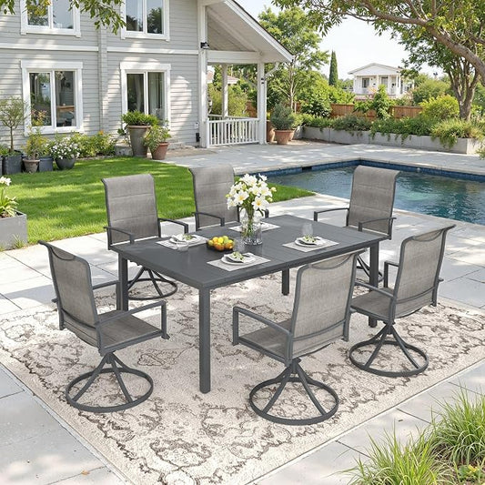 DIFY 7 Piece Outdoor Patio Dining Set for 6, 63" Rectangle Metal Dining Table and Swivel Patio Chairs with Padded Textilene, All-Weather Outdoor Furniture Set for Garden Backyard Porch, Grey